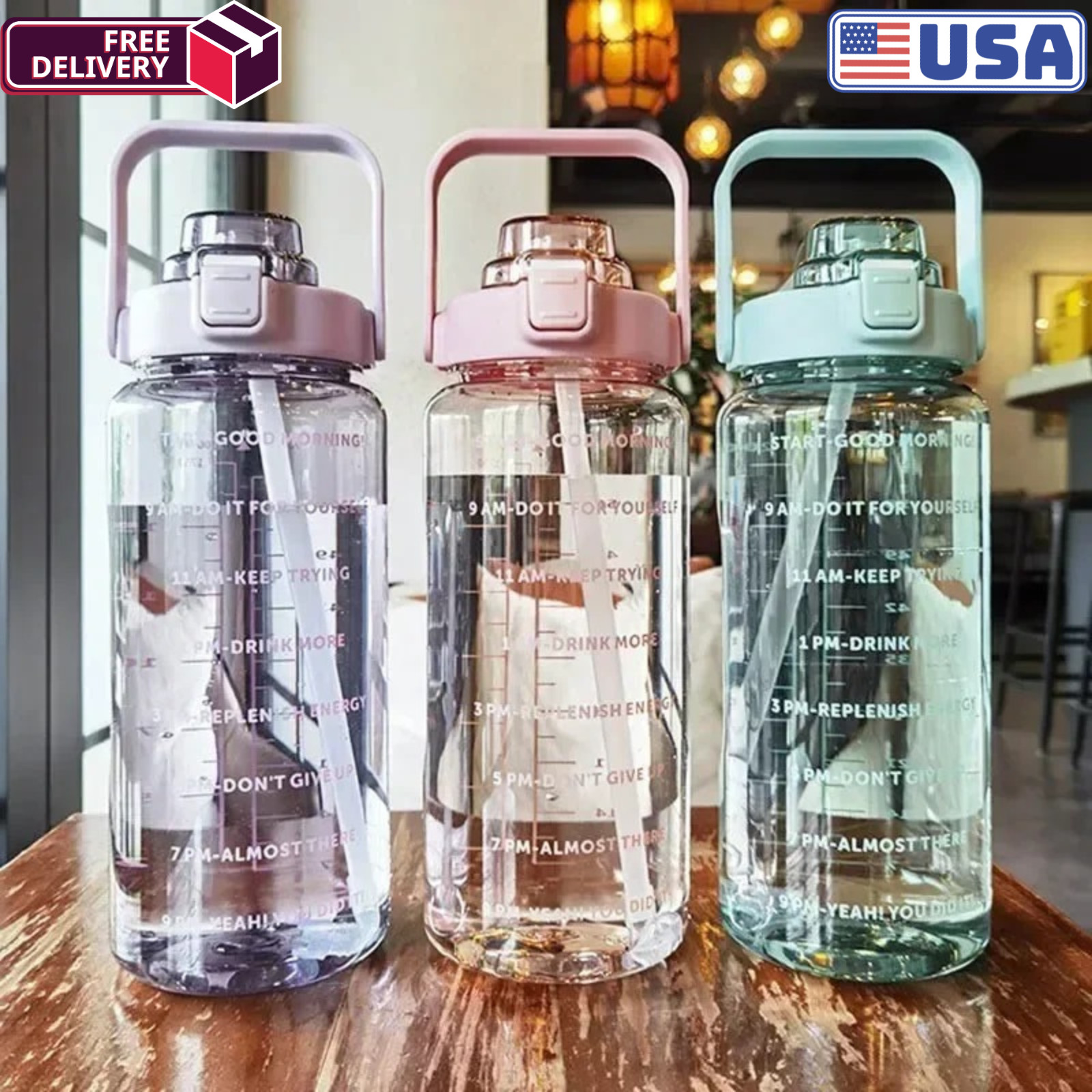 2L Water Bottle with Straw & Time Marker Large Sports Fitness Cup -Free Shipping