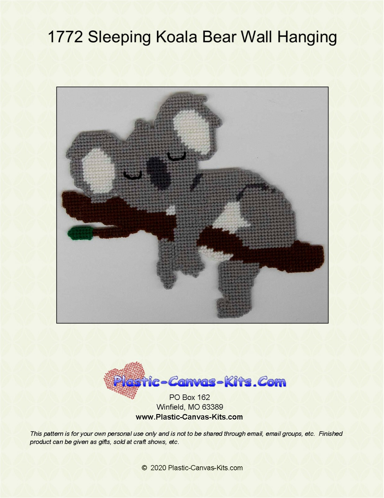 Sleeping Koala Bear Wall Hanging- Plastic Canvas Pattern or Kit