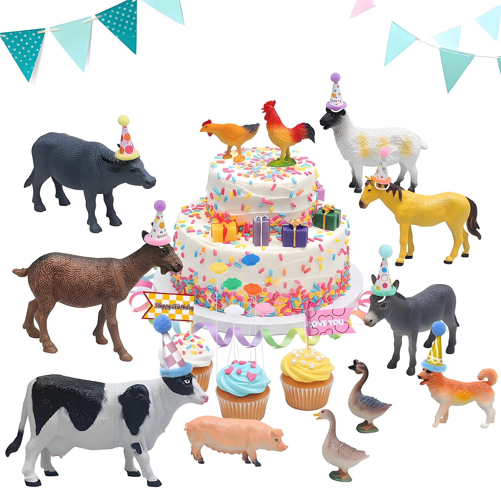 Farm Animal Cake Toppers Set for Birthday Party, Easy Setup Farm Animals Cake...