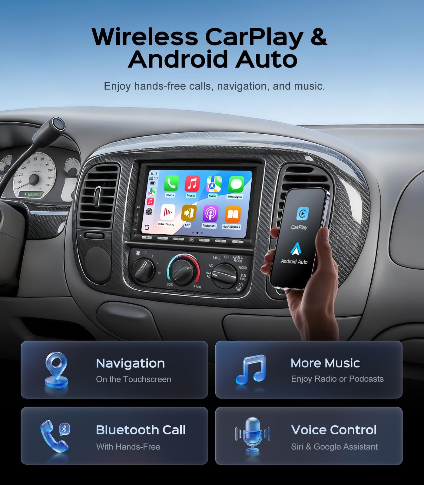 7" 2+32G Android Double DIN Wireless Carplay Android Auto Stereo 4.1CH 240W SWC