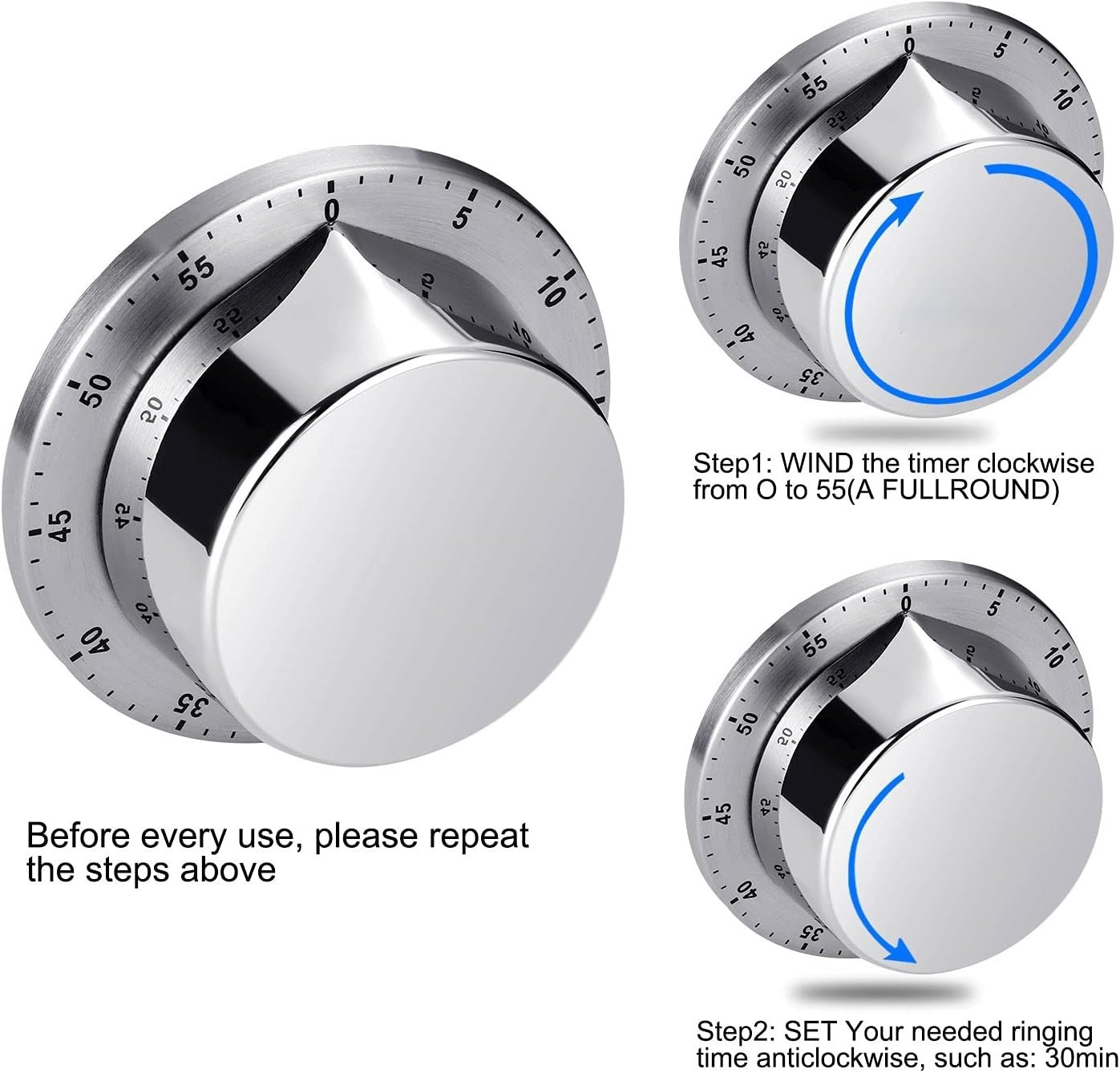 Magnetic Mechanical Kitchen Timer - Waterproof & Corrosion-Resistant - Silver