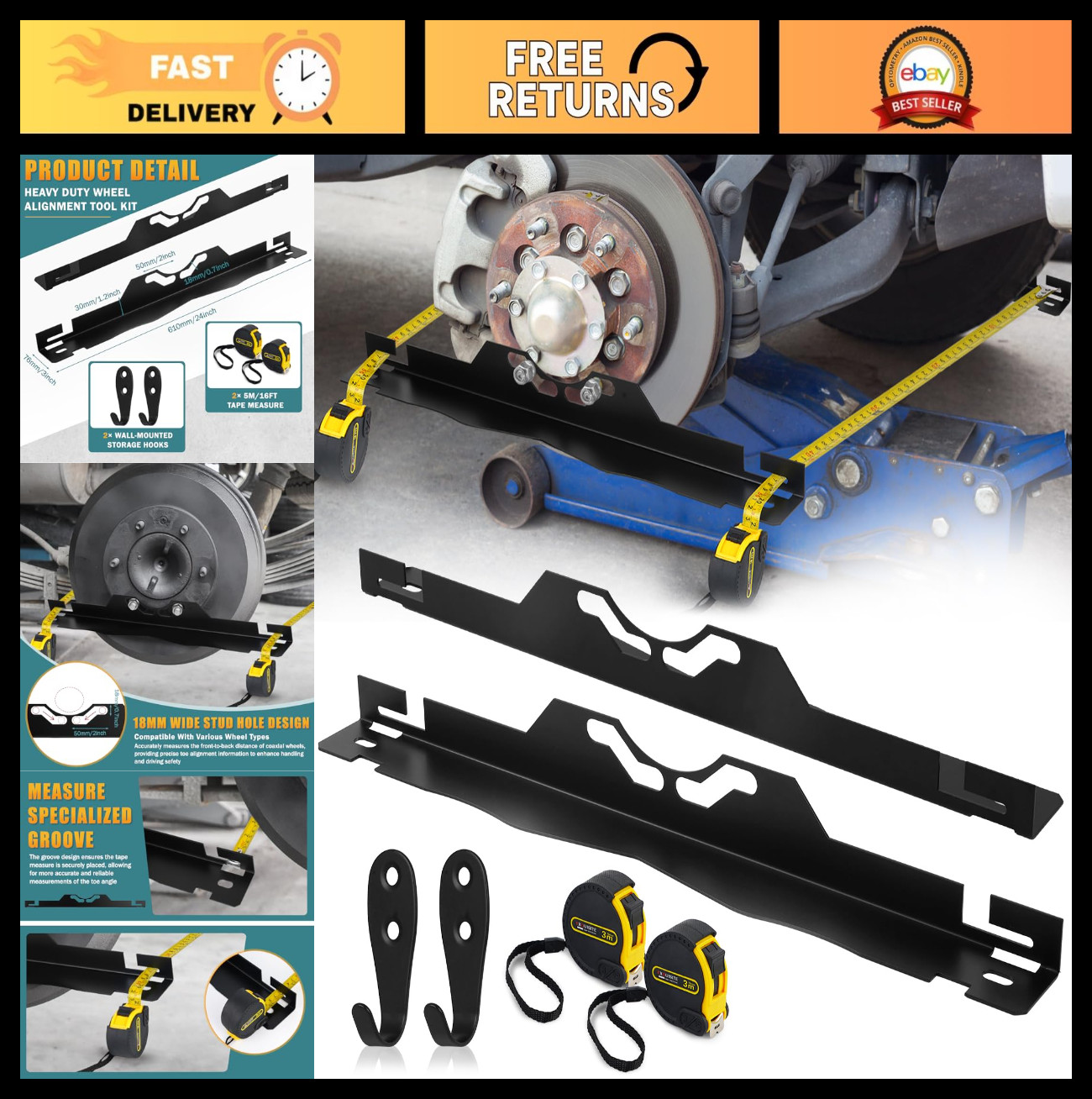 Heavy Duty Wheel Alignment Tool Kit, Stainless Steel Toe Alignment Plates & Tape