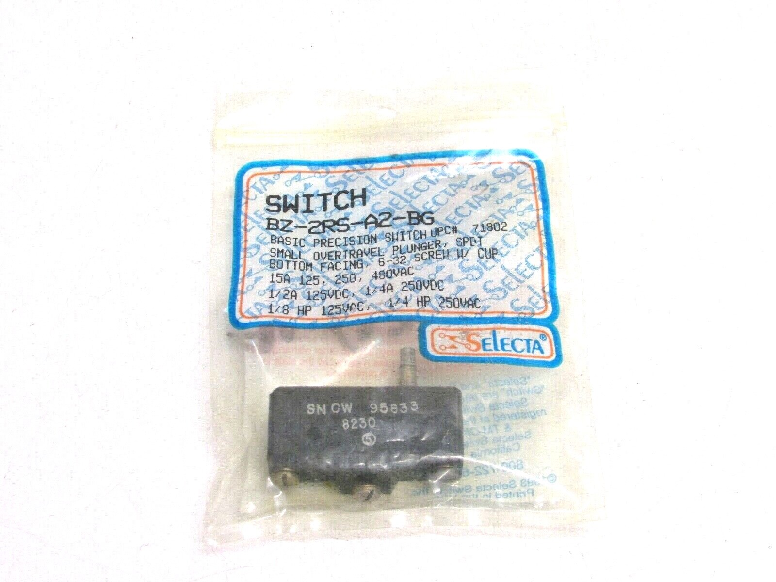 NOS! SLECTA MICROSWITCH, SMALL OVER TRAVEL PLUNGER, BZ-2RS-A2-BG