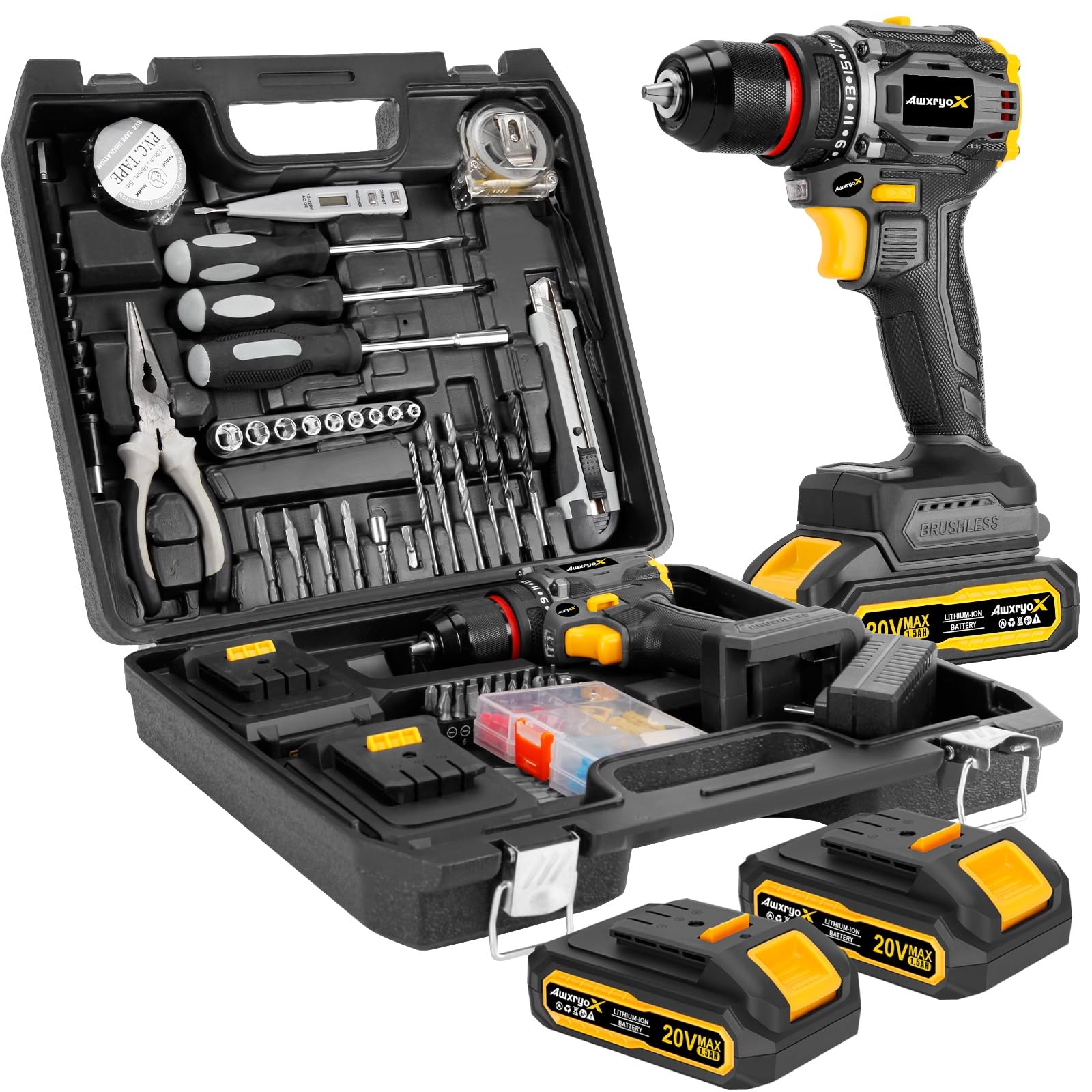 Brushless Compact Drill Tool Set 60n.m 20v Cordless Drill Tool Box With 2 Batter