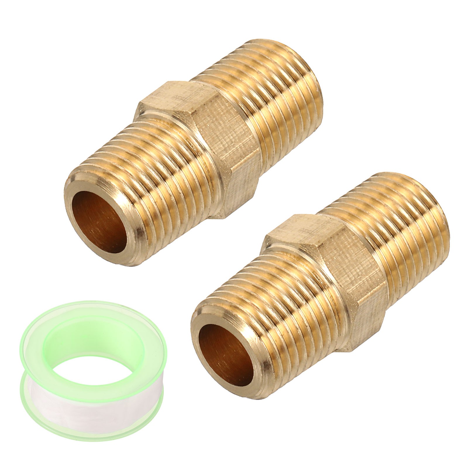 2pcs Hex Nipple Brass Pipe Fitting 1/8 NPT x 1/8 NPT with PTFE Tape, Gold Tone