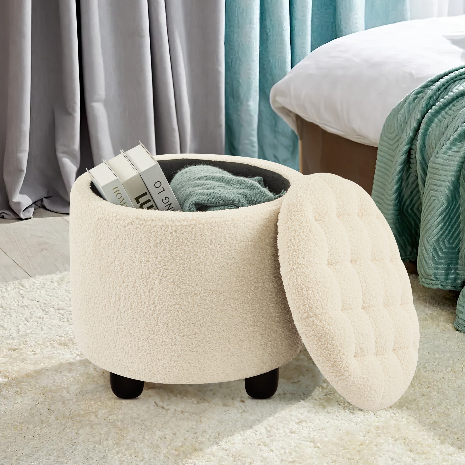 Sherpa White Button Tufted Accent Storage Ottoman Upholstered Circle Pouf Foots