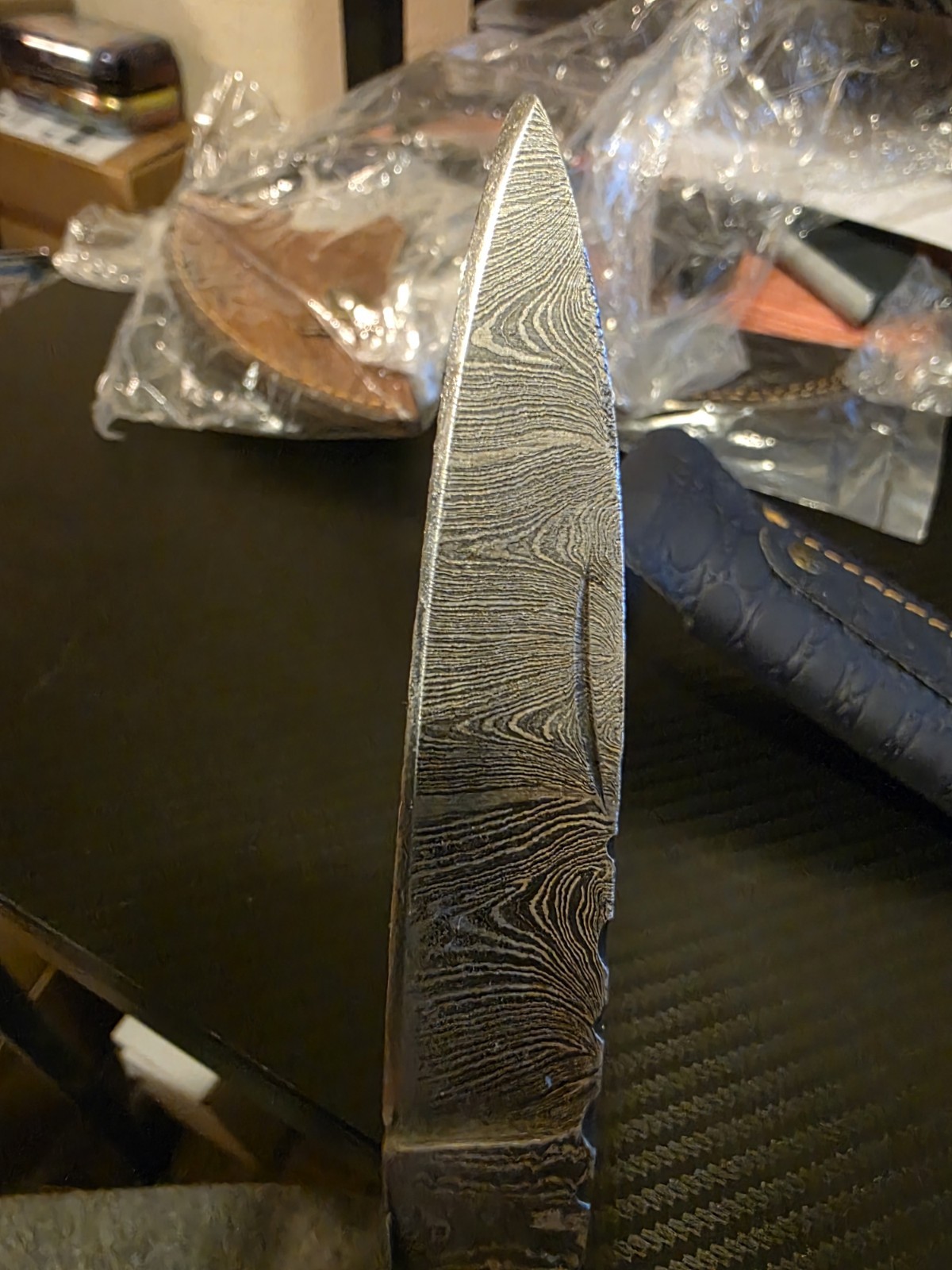 hand made folding damascus knife with sheath