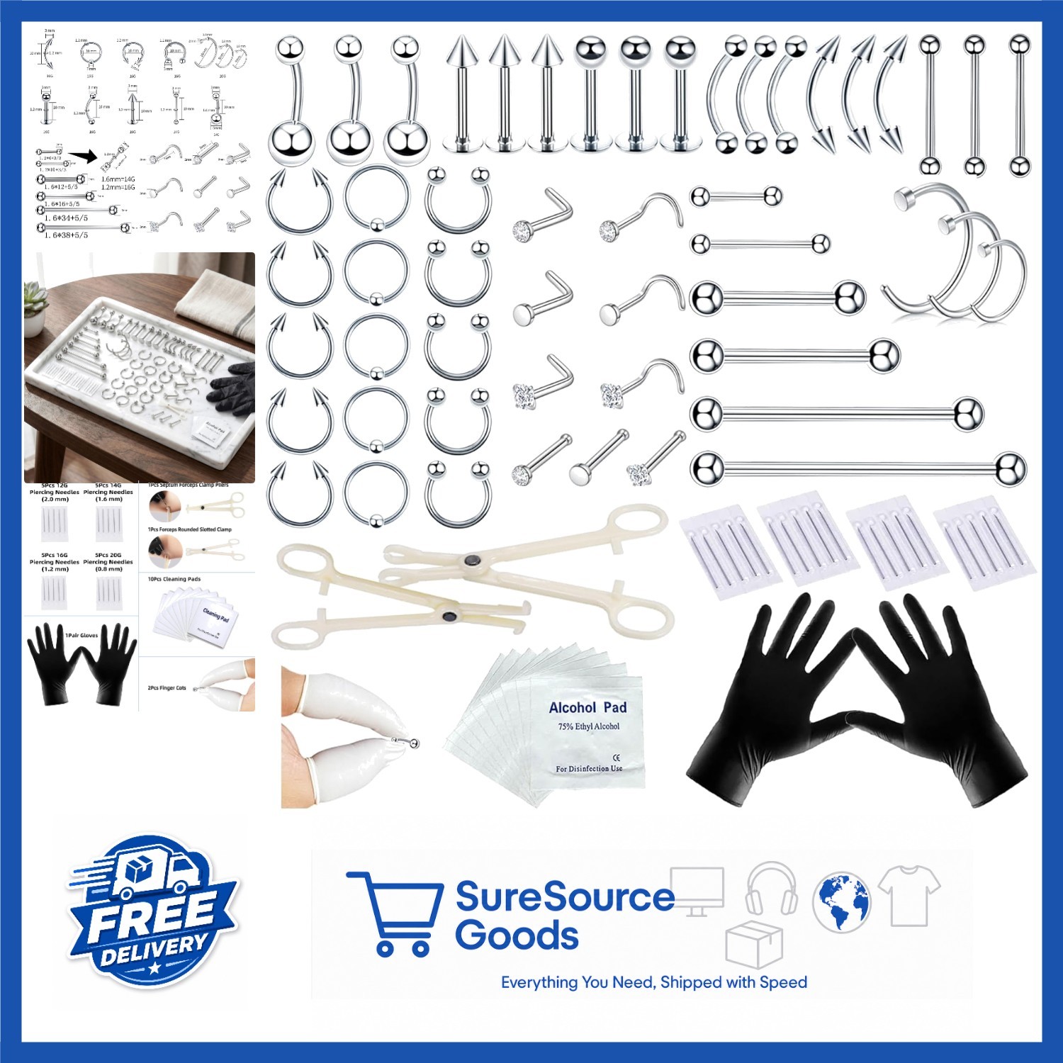 Complete Nose Piercing Kit with Stainless Steel Jewelry and Piercing Needles