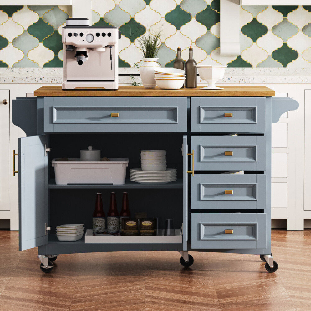52'' Kitchen Island with Drop Leaf, Wheels, Spice Rack, Towel Rack, 5 Drawers