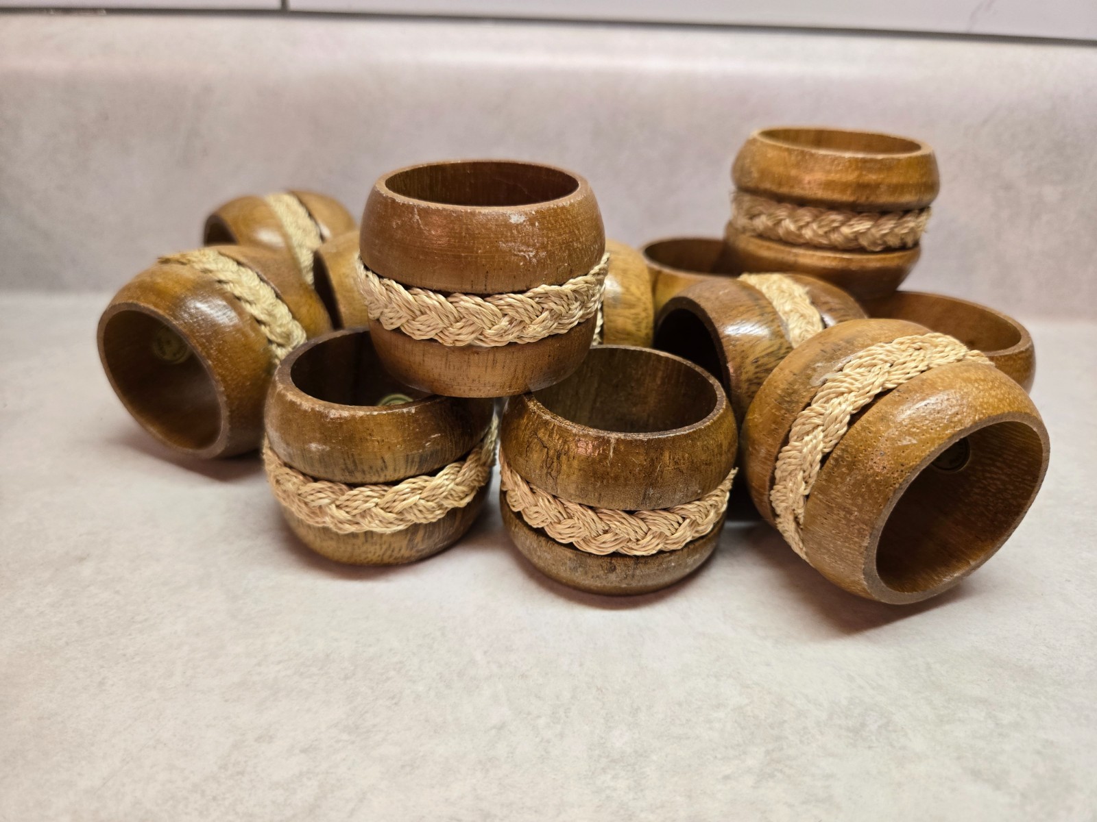 12 Bohemian Wooden Napkin Rings with Braided Rafia