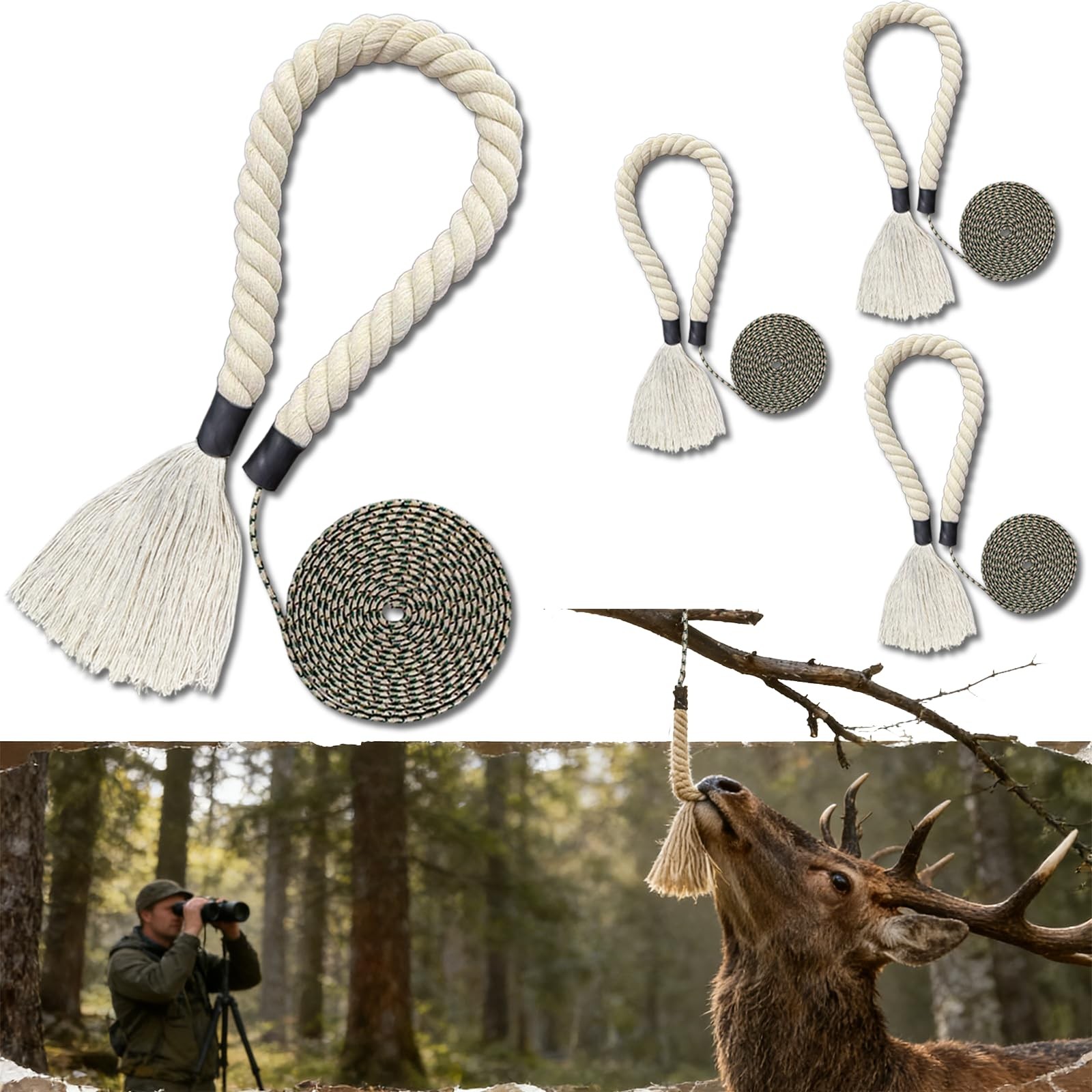 4pcs Deer Scent Rope Kit, 30'' Cotton (NOT Hemp) Mock 30'', Beige and Camo