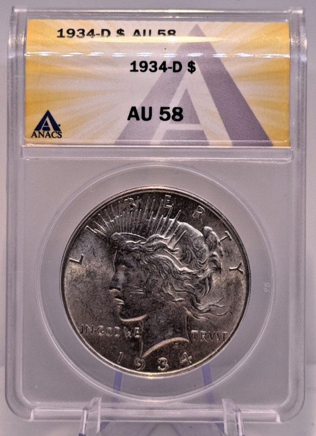 1934 D Peace Dollar ANACS AU58 Extremely Nice Coin! Only 1.569 Million Minted