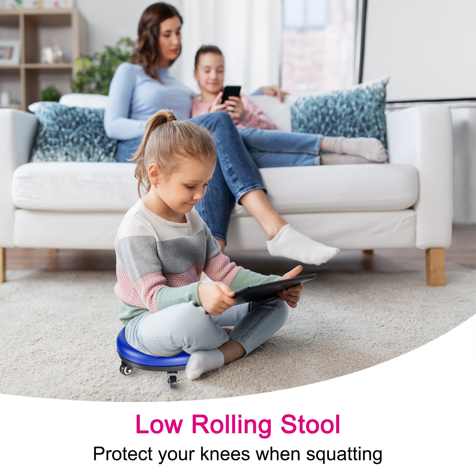 Blue Low Roller Seat Wheel Stool Chair PU Leather Rolling Stool Seats
