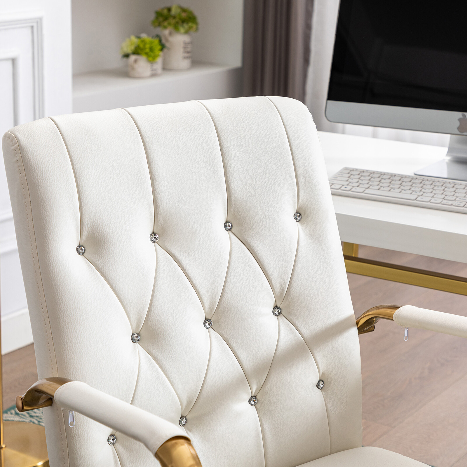 Duhome PU Leather Home Office Desk Chairs, Modern Gold Task Chair with Wheels