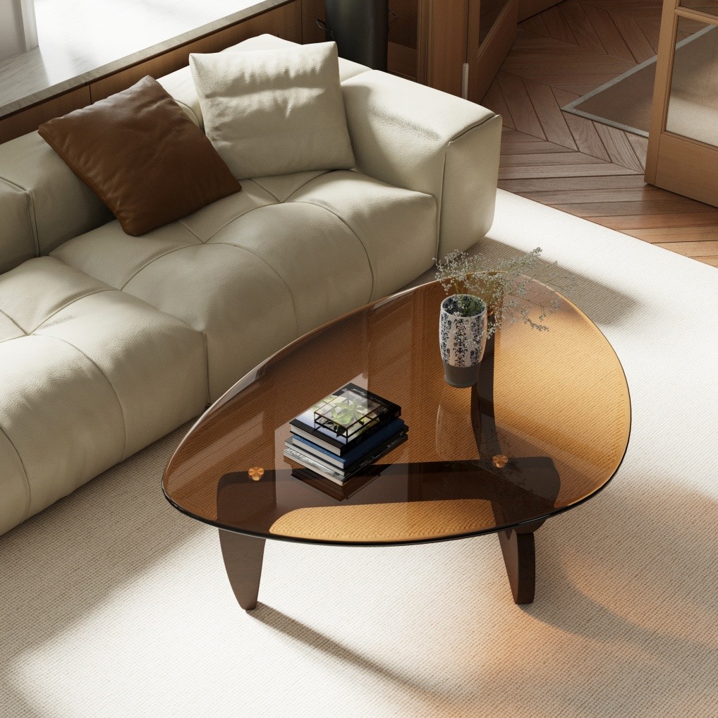 Noguchi Coffee Table Triangle Glass Top Premium Solid Hardwood Base Dark Walnut