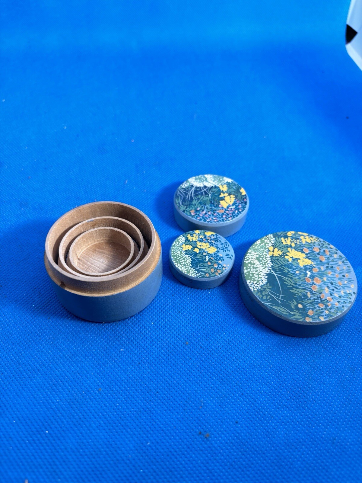 Nesting Trinket Boxes Blue Wood Floral 3 Boxes Small 2 1/2”