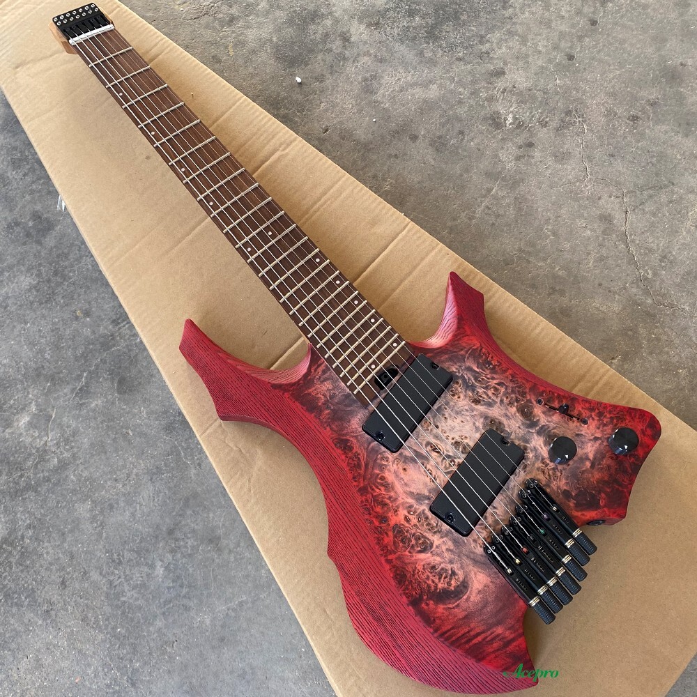 7 String Red Headless Electric Guitar Fanned Frets Active Pickups 9 Piece Neck