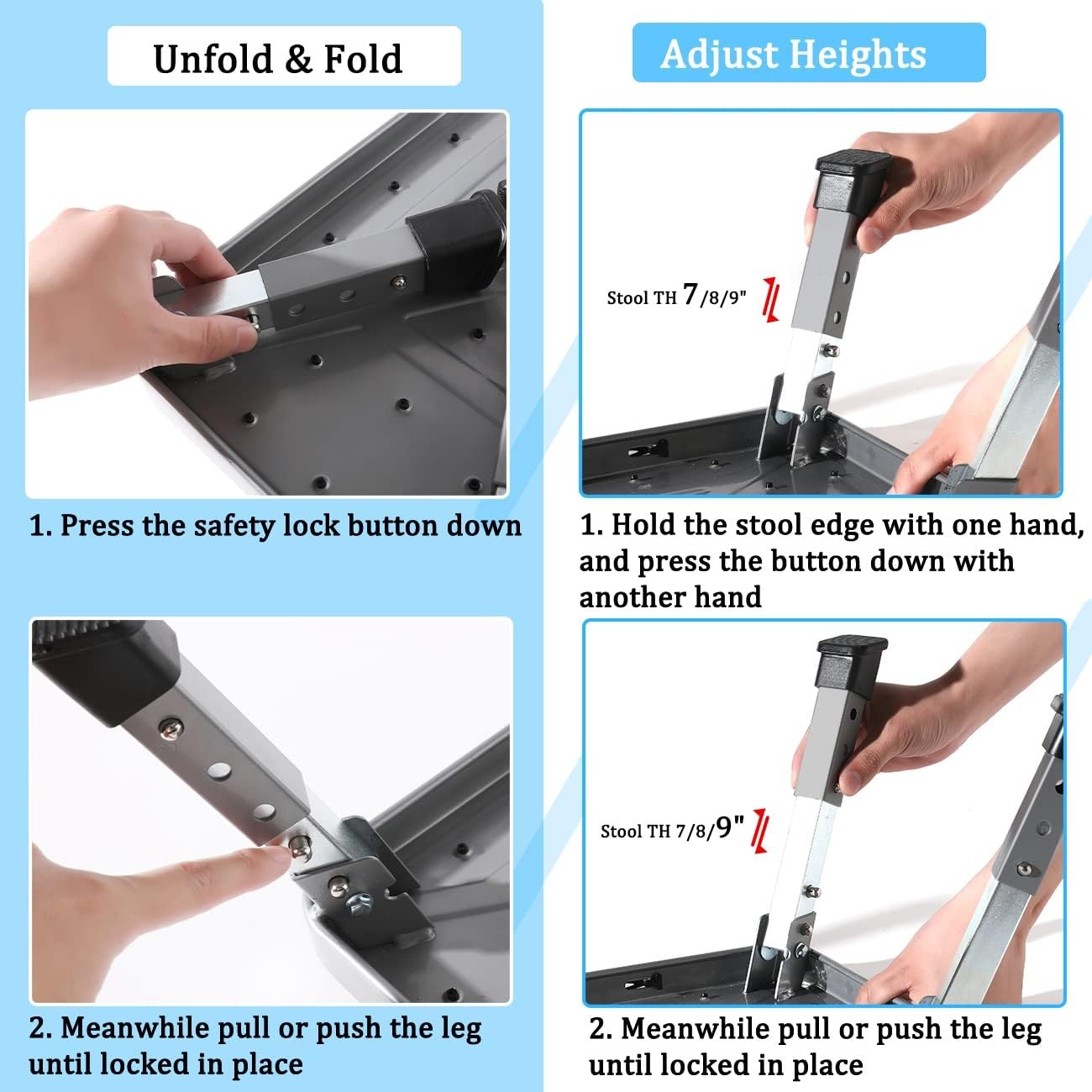 3 Levels Adjustable Folding Step 3 Height 7/8/9", Gray/Black