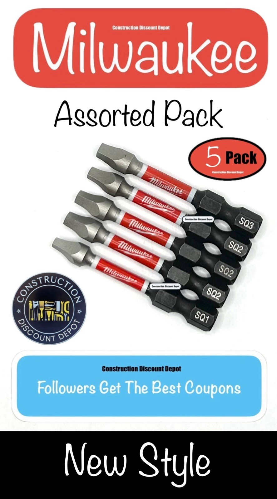 5 Pack Square Assorted Milwaukee Shockwave Impact Set 2" Drill Bit SQ1 SQ2 SQ3
