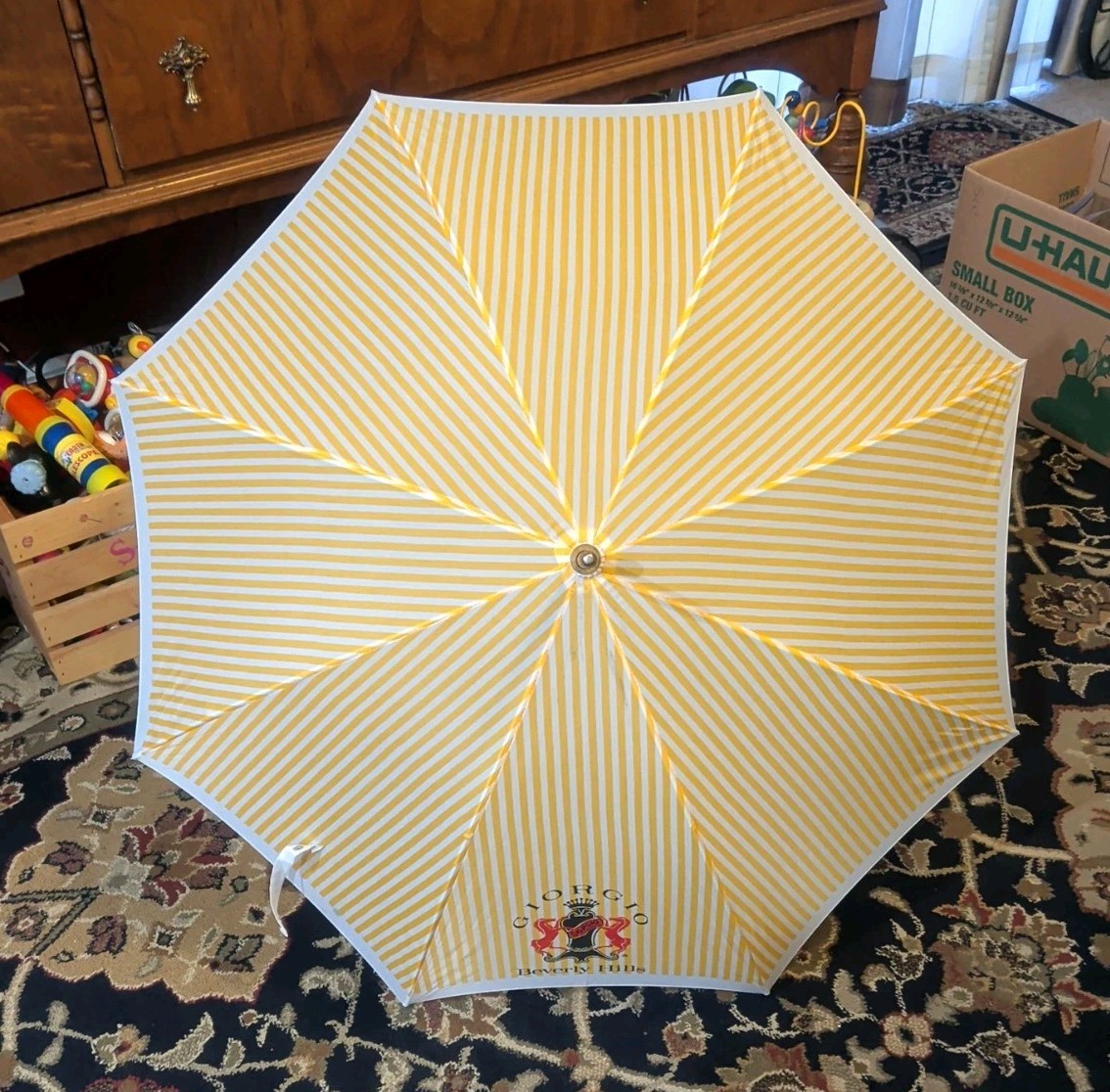 Giorgio Beverly Hills Yellow White Stripe Cane Umbrella with Wood Handle