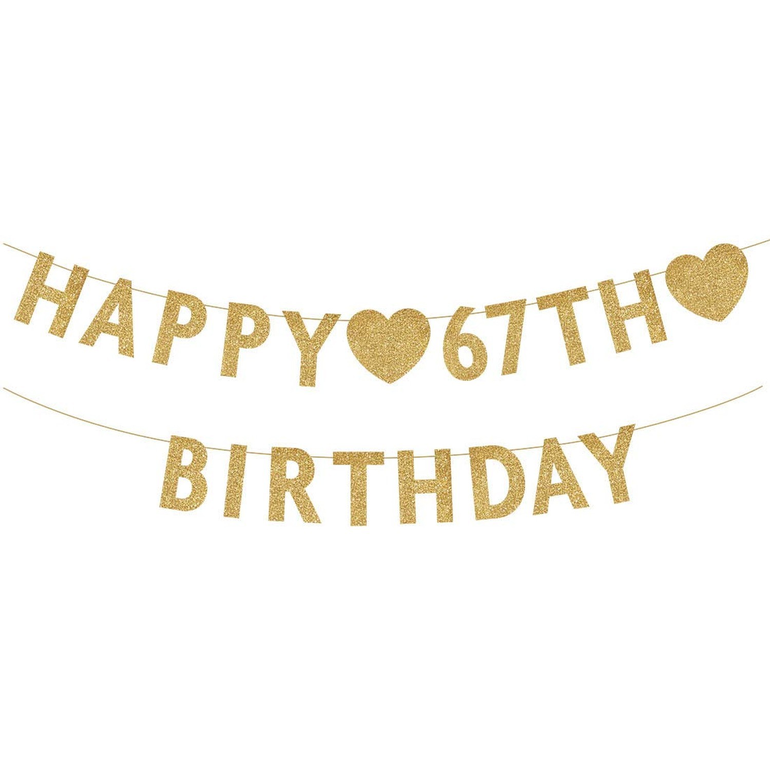 Gold Happy 67th Birthday Banner, Glitter 67 Years Old Woman or Man Party Deco...