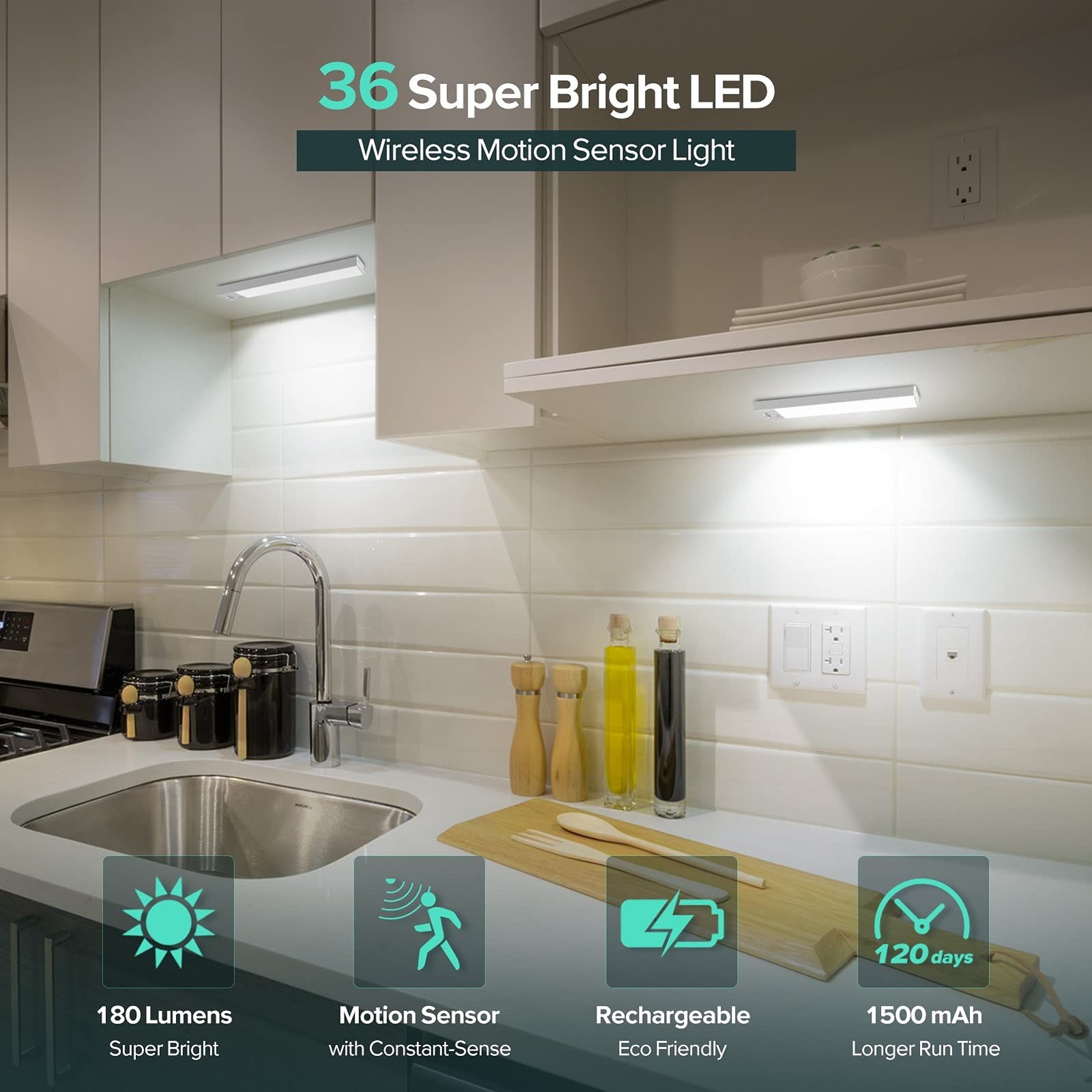 36 LED Motion Sensor Closet Lights Rechargeable Under Cabinet Lighting