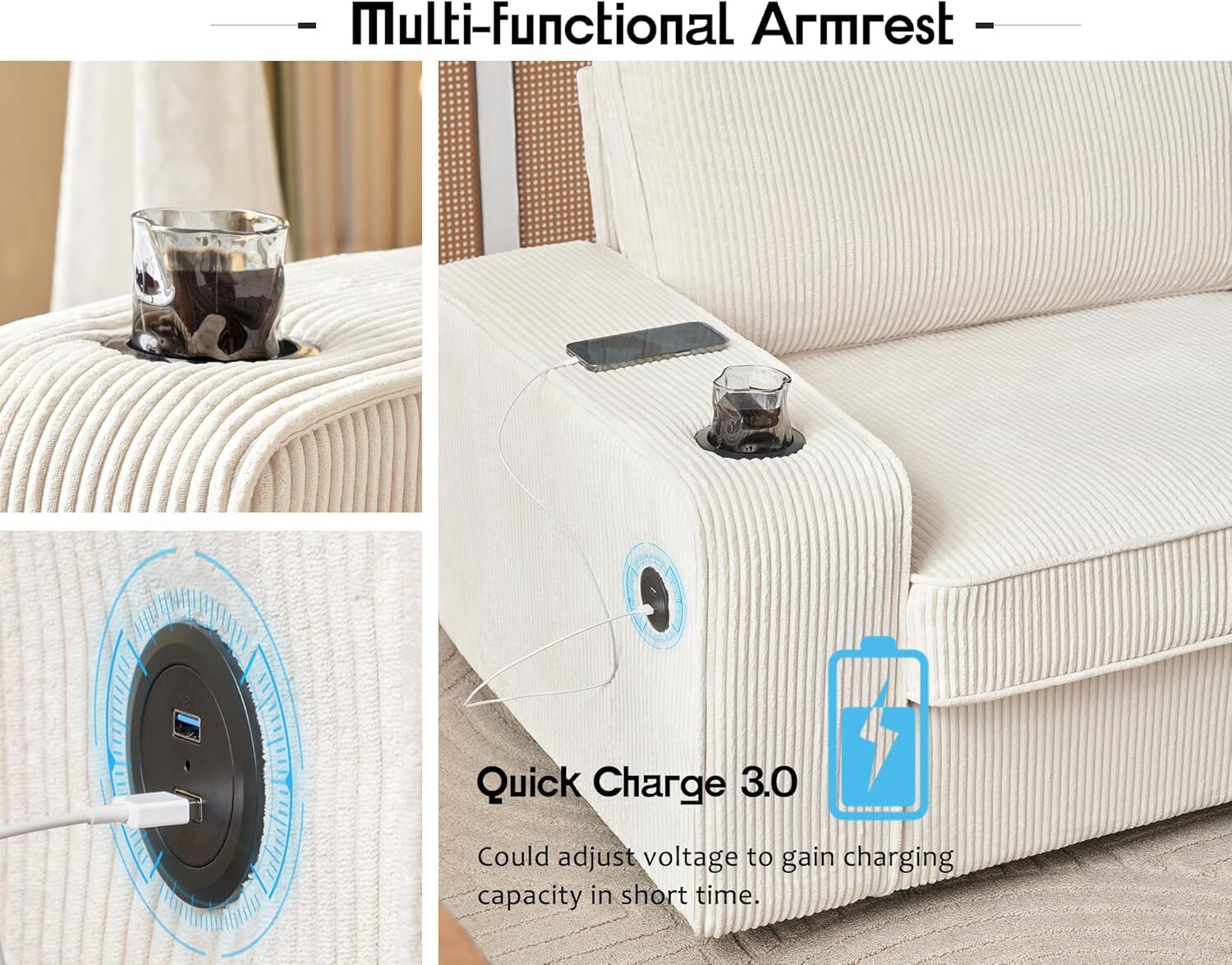 VanAcc Couch,Deep Seat Sofa with USB Charging Ports & Cup Holders,Comfy couch