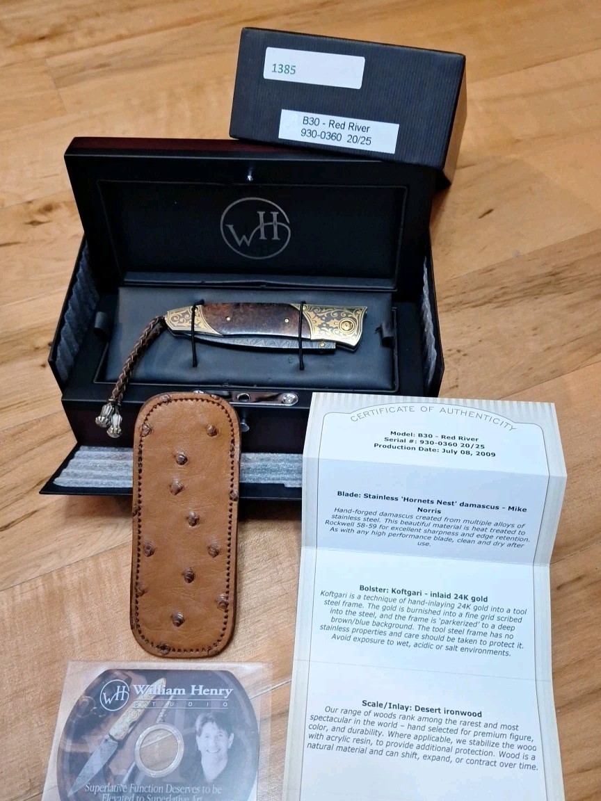 WILLIAM HENRY /25 LIMITED 24K KOFTGARI, SPESSARTITE, DAMASCUS B30 KNIFE COA MINT