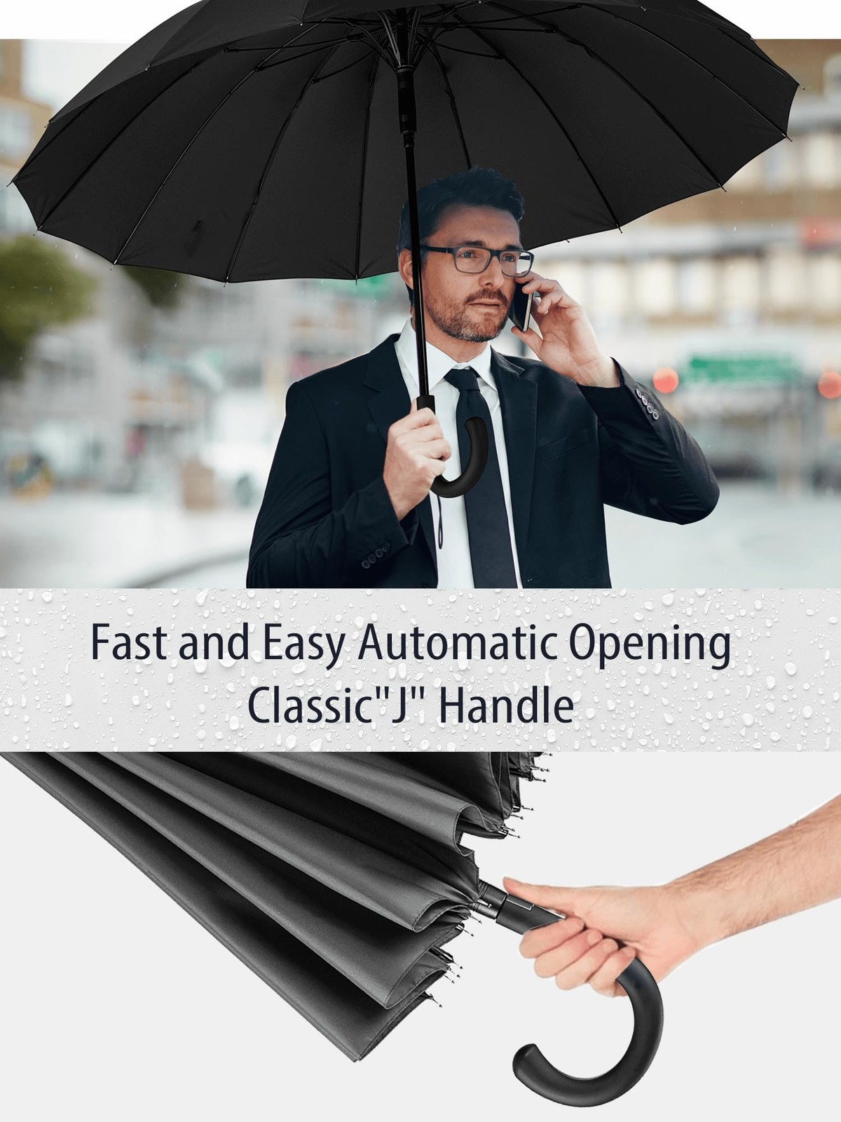 Premium Windproof Umbrella Classic J stick Handle with Easy Grip - Auto Open,...