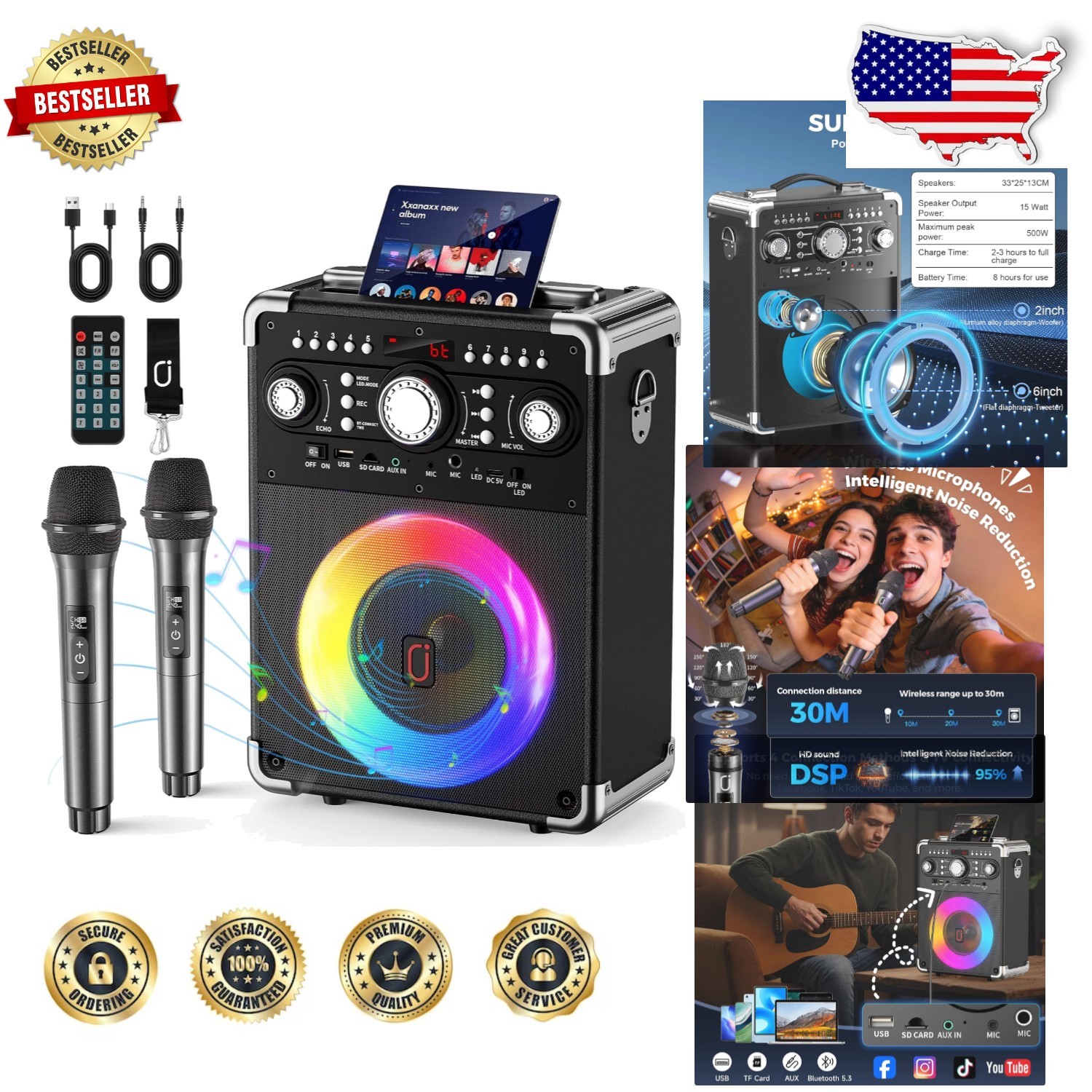 Portable Karaoke Machine, 500W Pro Sound, 2 Mics, 24Hr Battery, Bluetooth 5.3