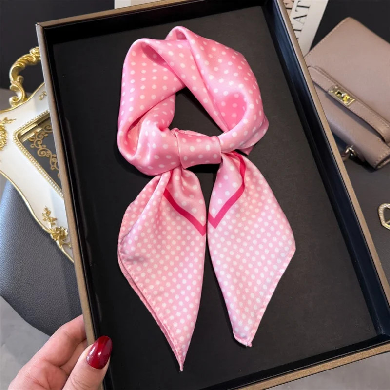 Luxury Brand 2025 Dot Print Square Silk Scarf for Women Hijab Hair Bands 70cm Ne