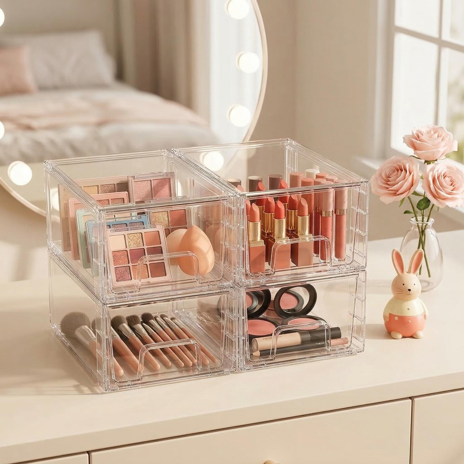 Chefstory 4 Packs Clear Storage Box, Stackable Storage Drawers for Space Saving