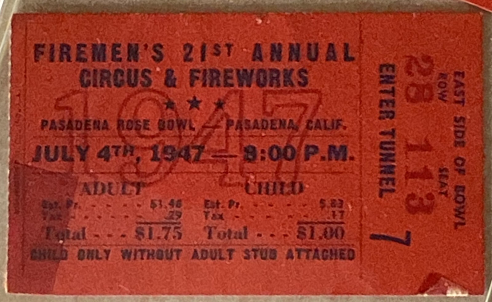 Fireman's 21st Annual Circus and Fireworks Pasadena Rose Bowl 1947 Ticket Stub-2
