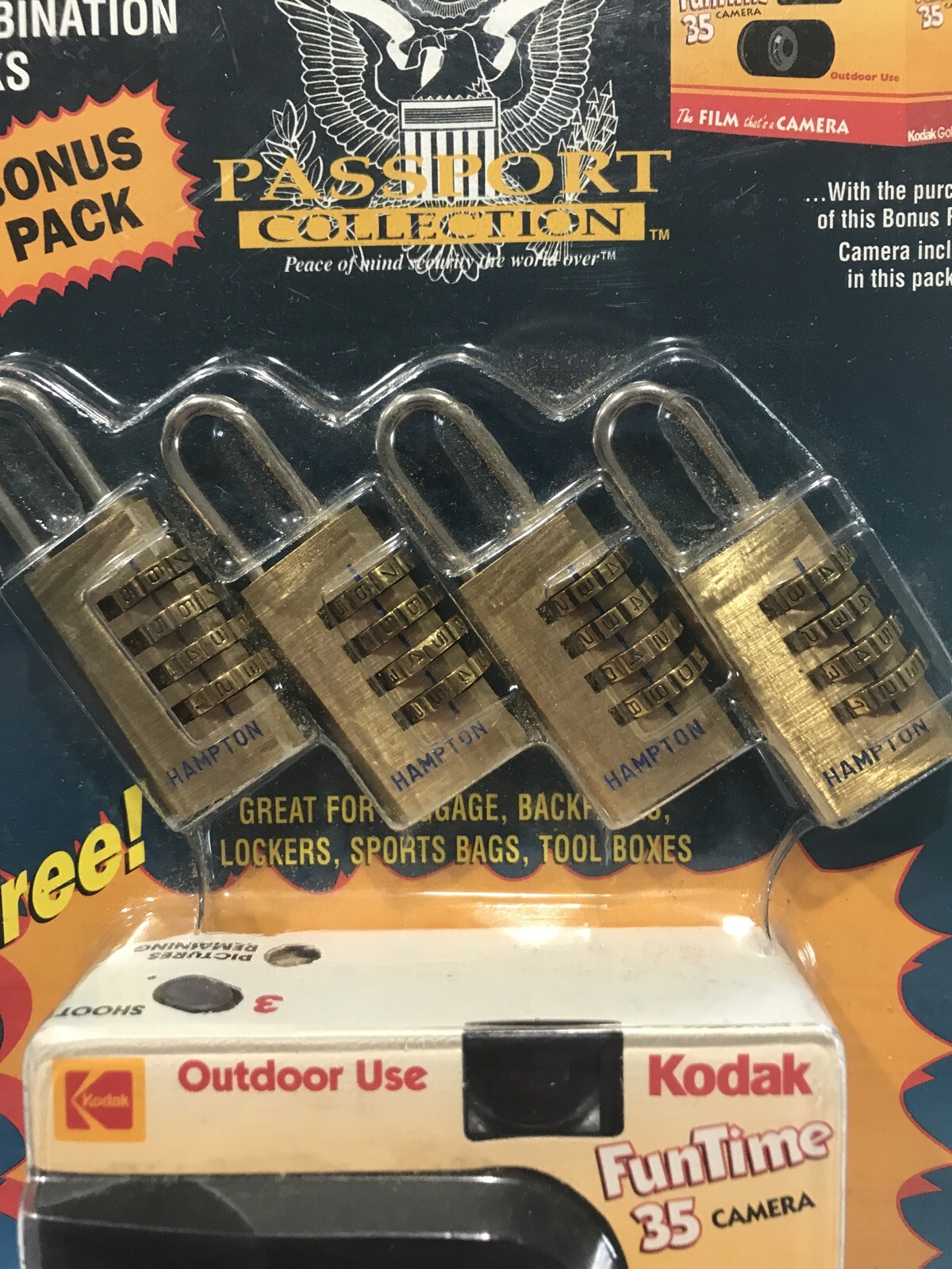 1995 Vintage Hampton Solid Brass Resettable Combo Locks (4) Kodak Film Camera