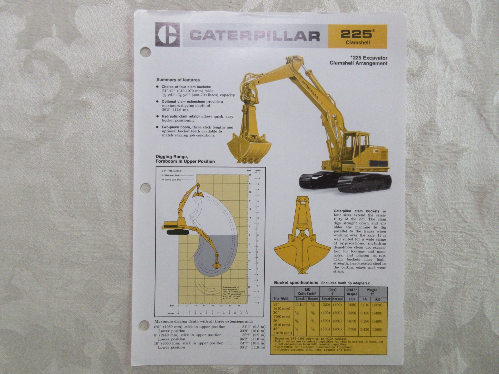 Caterpillar 225 Clamshell Excavator Brochure 1975
