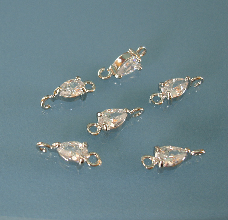 2pcs- Small Teardrop Rhodium Plated over Brass Clear Cubic Zirconia Connector
