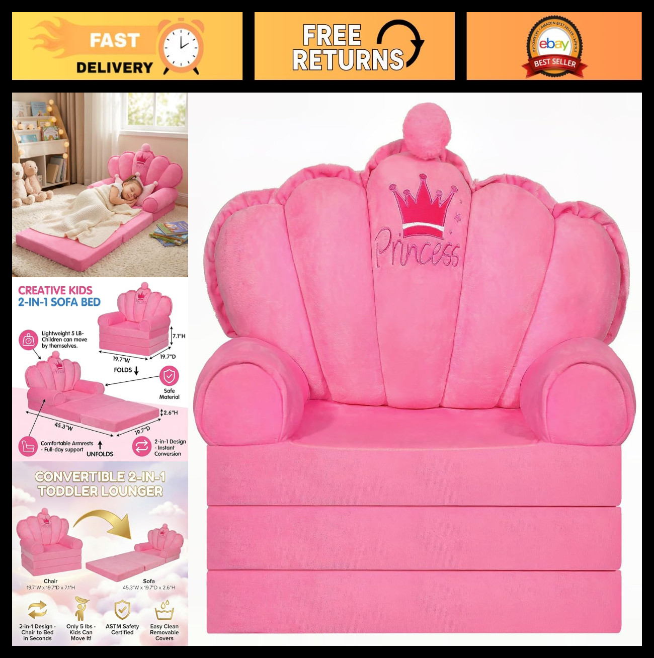 Pink Princess Toddler Couch - 2-in-1 Foldable Sofa Bed & Chair, Comfy Velvet, Sp