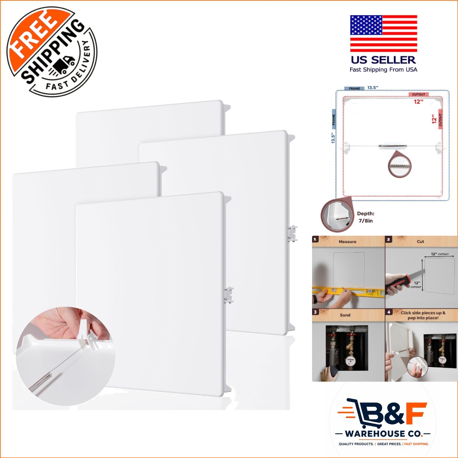 Multi-Purpose Spring Access Panel 12x12 Inch - Durable Wall Cover Plates, 4 Pack