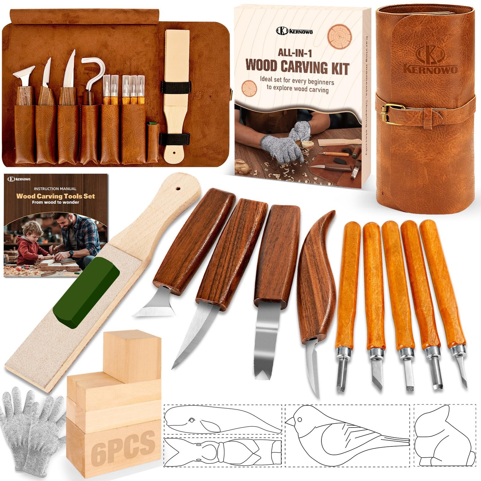 24 PCS Wood Carving Kit Tools Storage Bag Whittling Knife Basswood DIY