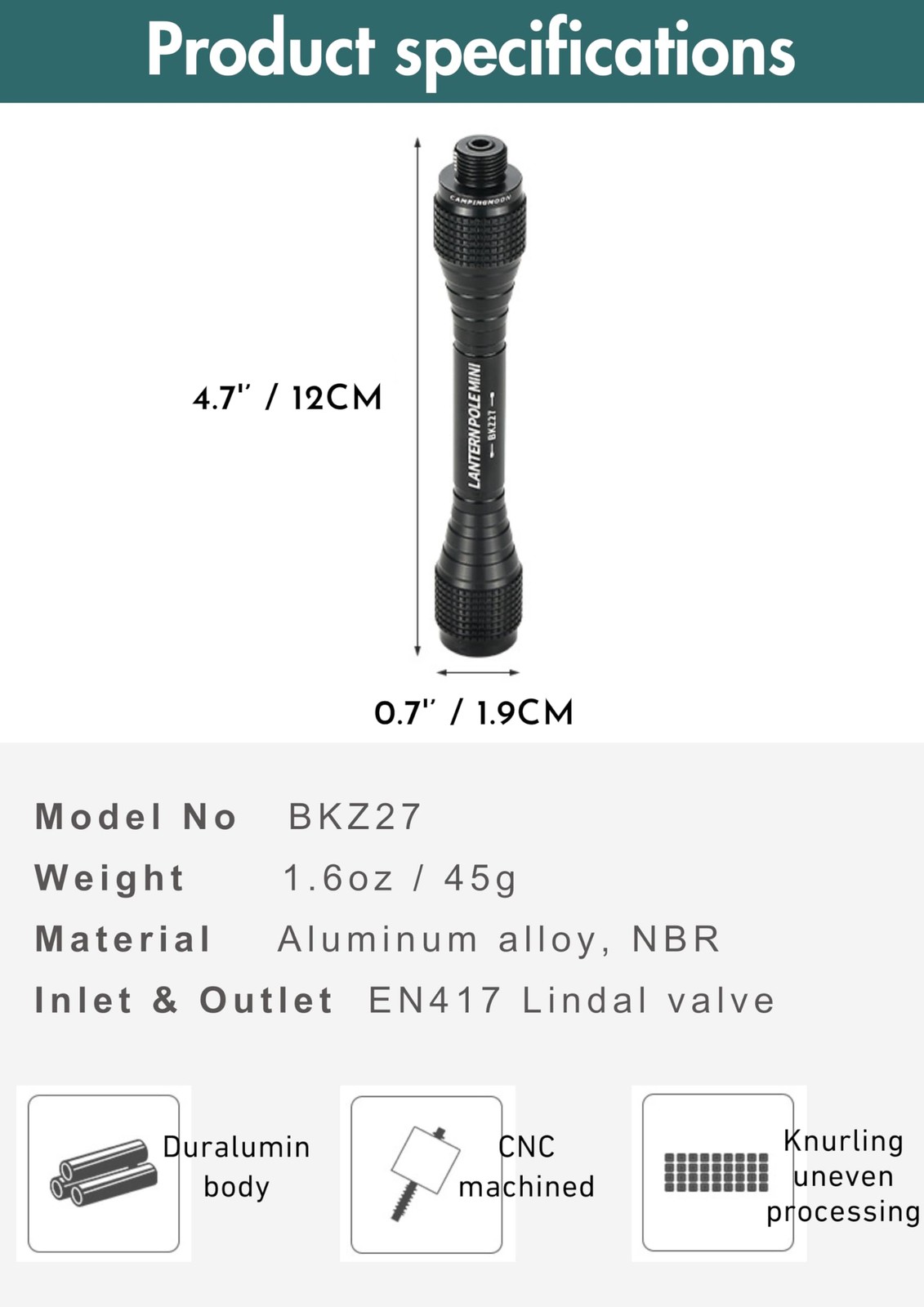 Campingmoon Camping Gas Lantern Extension Pole Rod Black