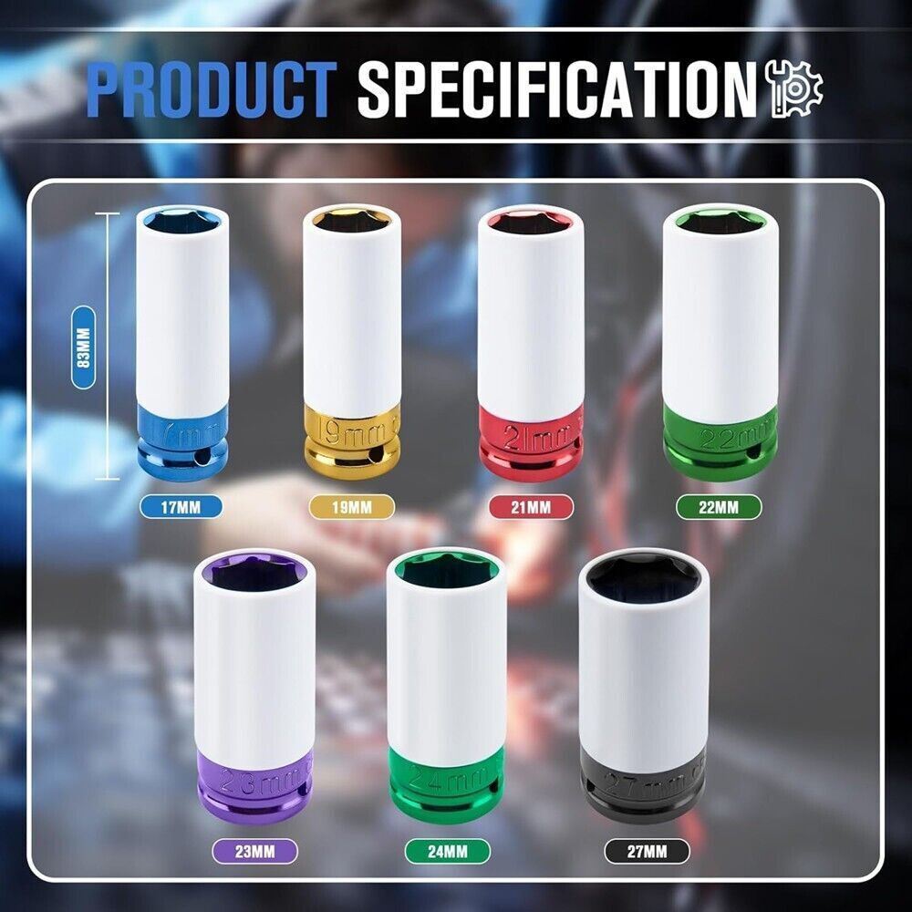 New 1/2" Drive Wheel Protector Impact Socket, Thin Wall Deep Impact Socket Set