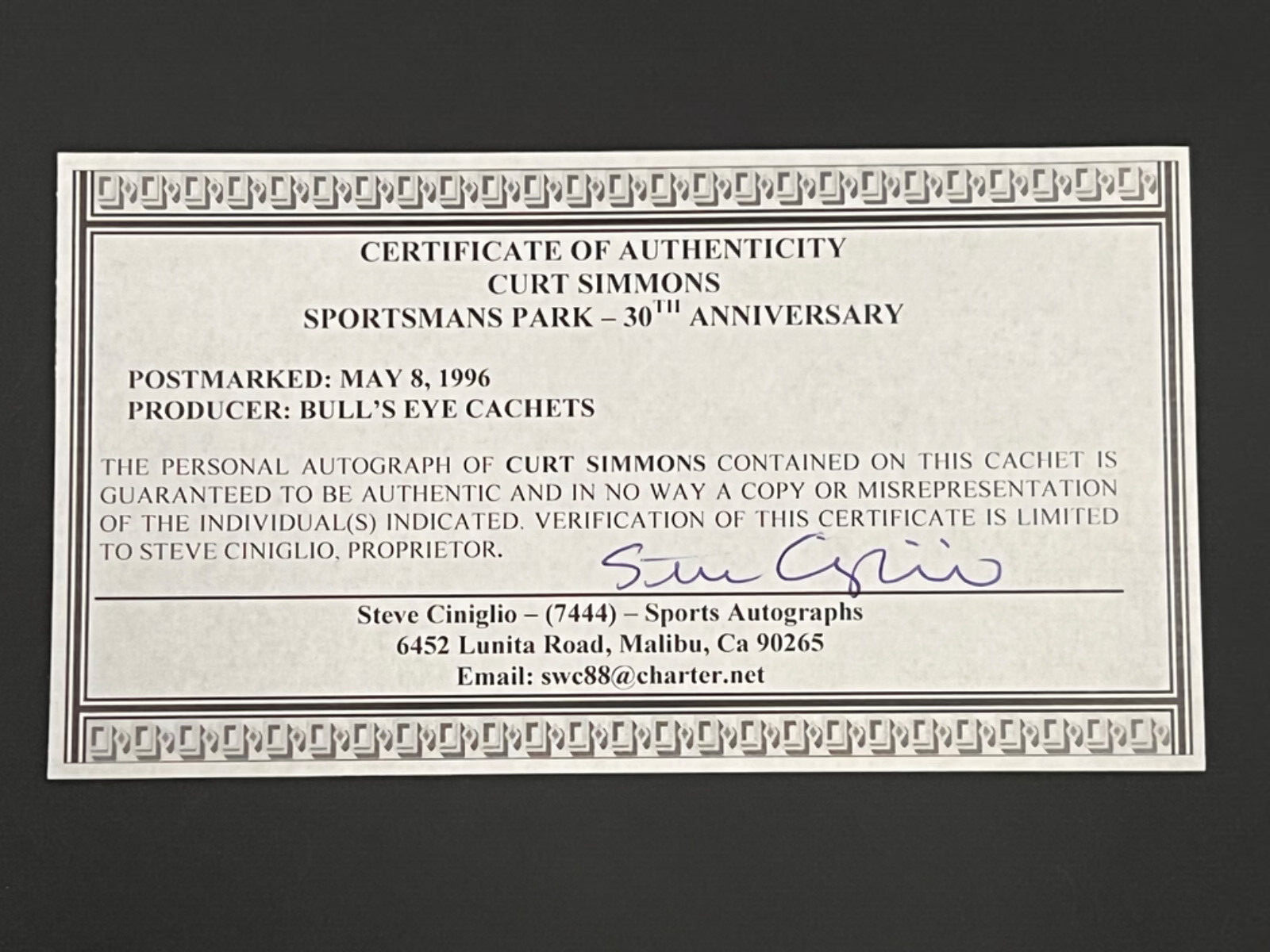 Curt Simmons Signed Autograph Bull's Eye 1996 Stamp Cachet Envelope