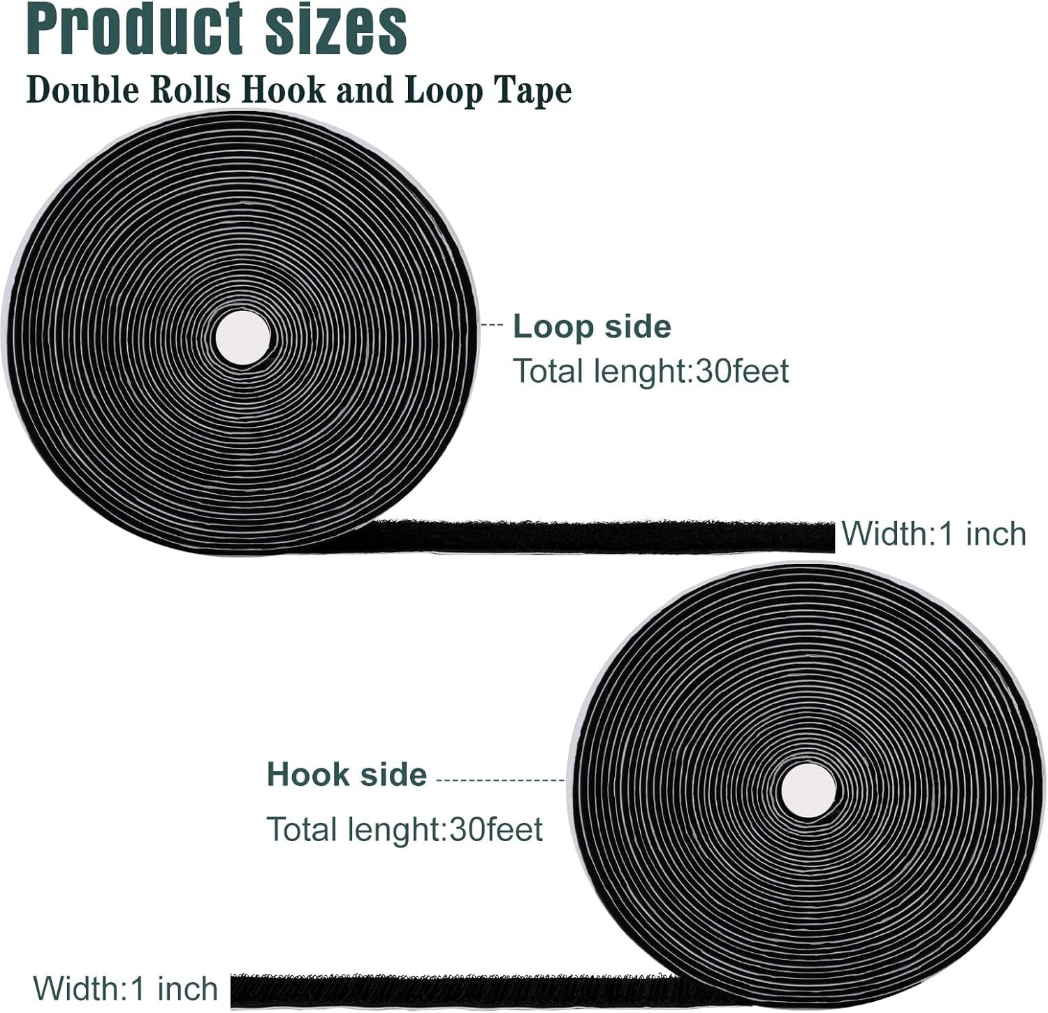 30Ft x 1 Inch Hook and Loop Strips with Adhesive - Heavy Duty Double Rolls