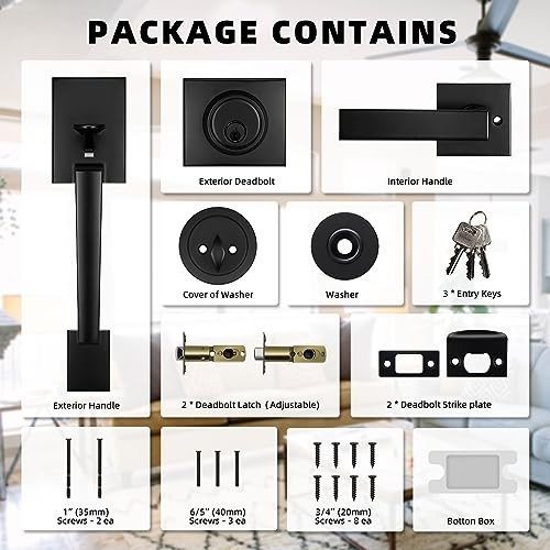 Modern Matte Black Front Door Lock & Handle Set - Matte Black Handle & Deadbolt