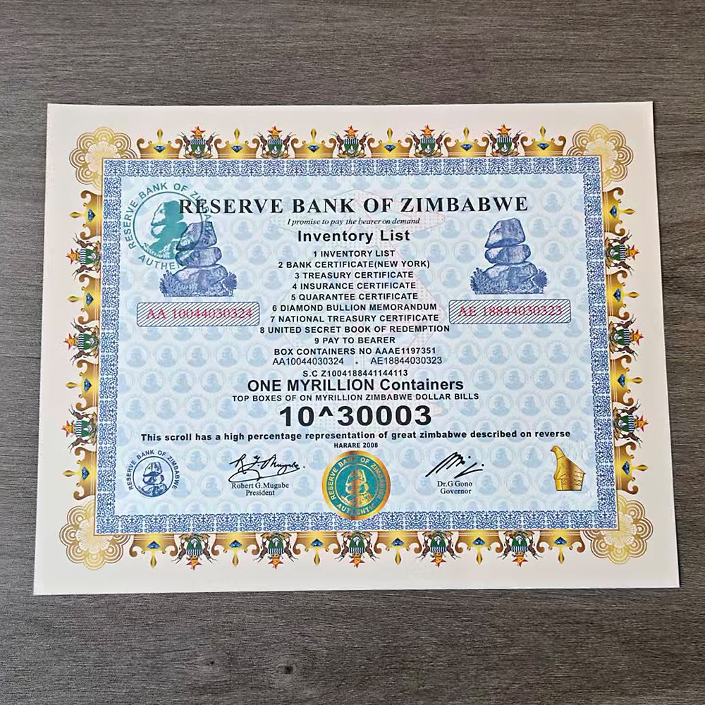 Zimbabwe Banknote One Myrillion Containers 10^3003 Certificate Note Collection