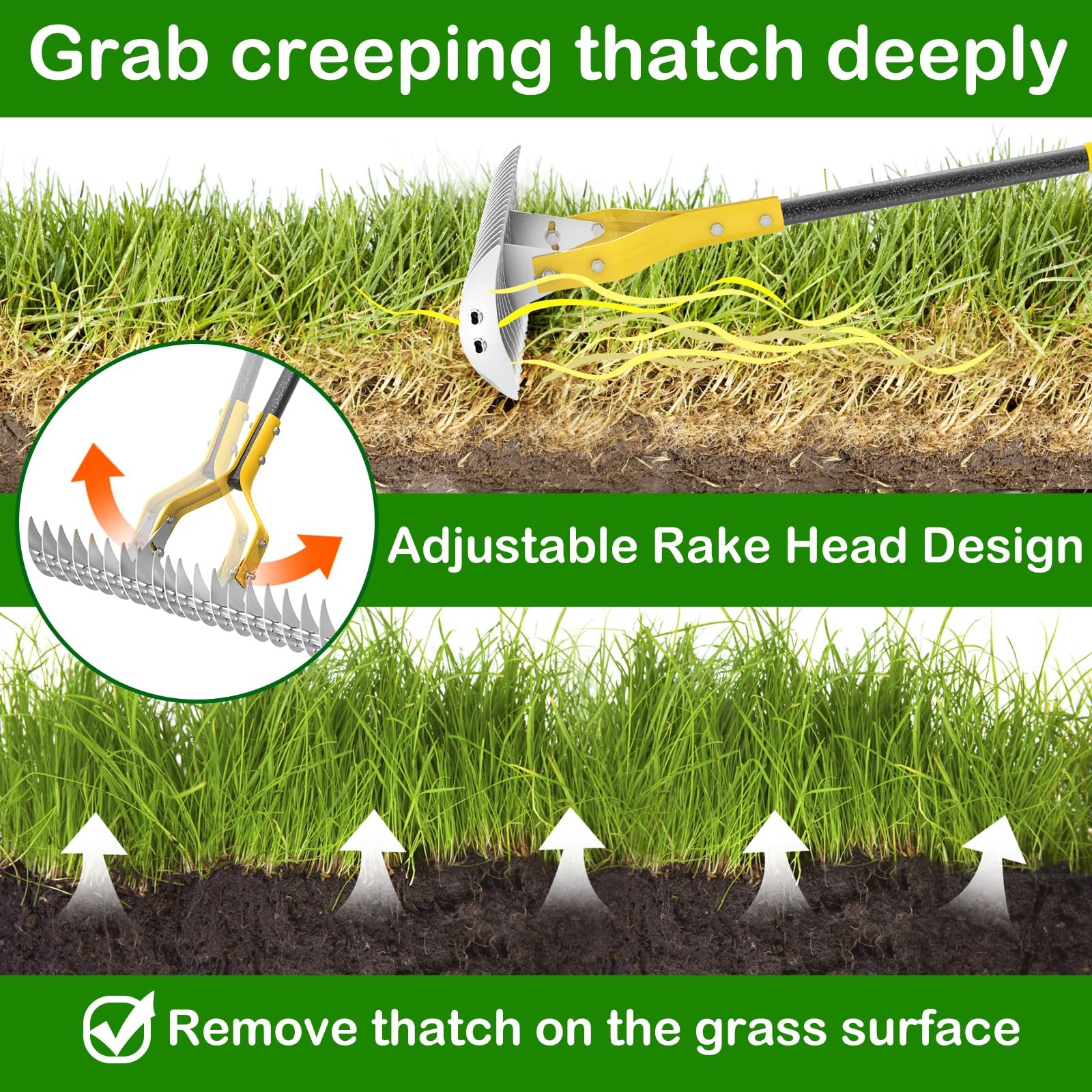 Thatching Rake for Lawns, 15" Heavy Duty Thatch Rake with 70" Handle