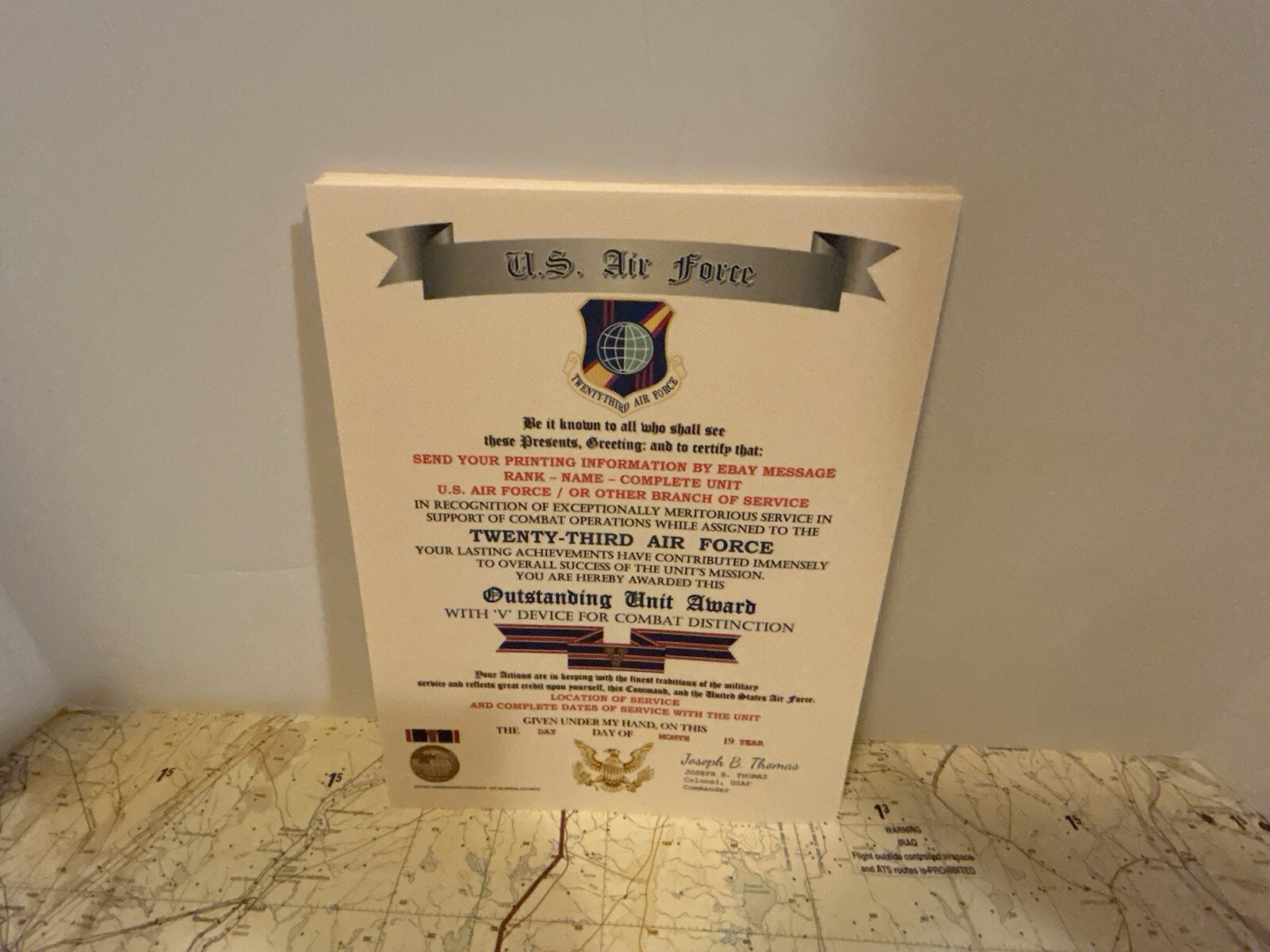 U.S. AIR FORCE / 23RD AIR FORCE - OUTSTANDING UNIT AWARD W/V DEVICE CERTIFICATE