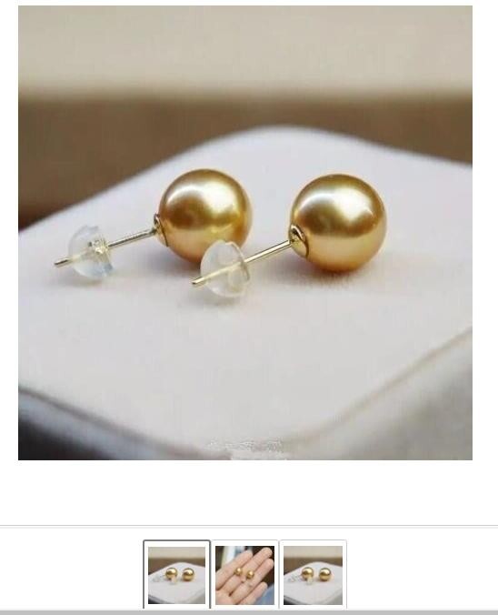 HUGE AAAA+9-10mm Round Natural South Sea Golden Pearl Earring 18K Yellow Gold