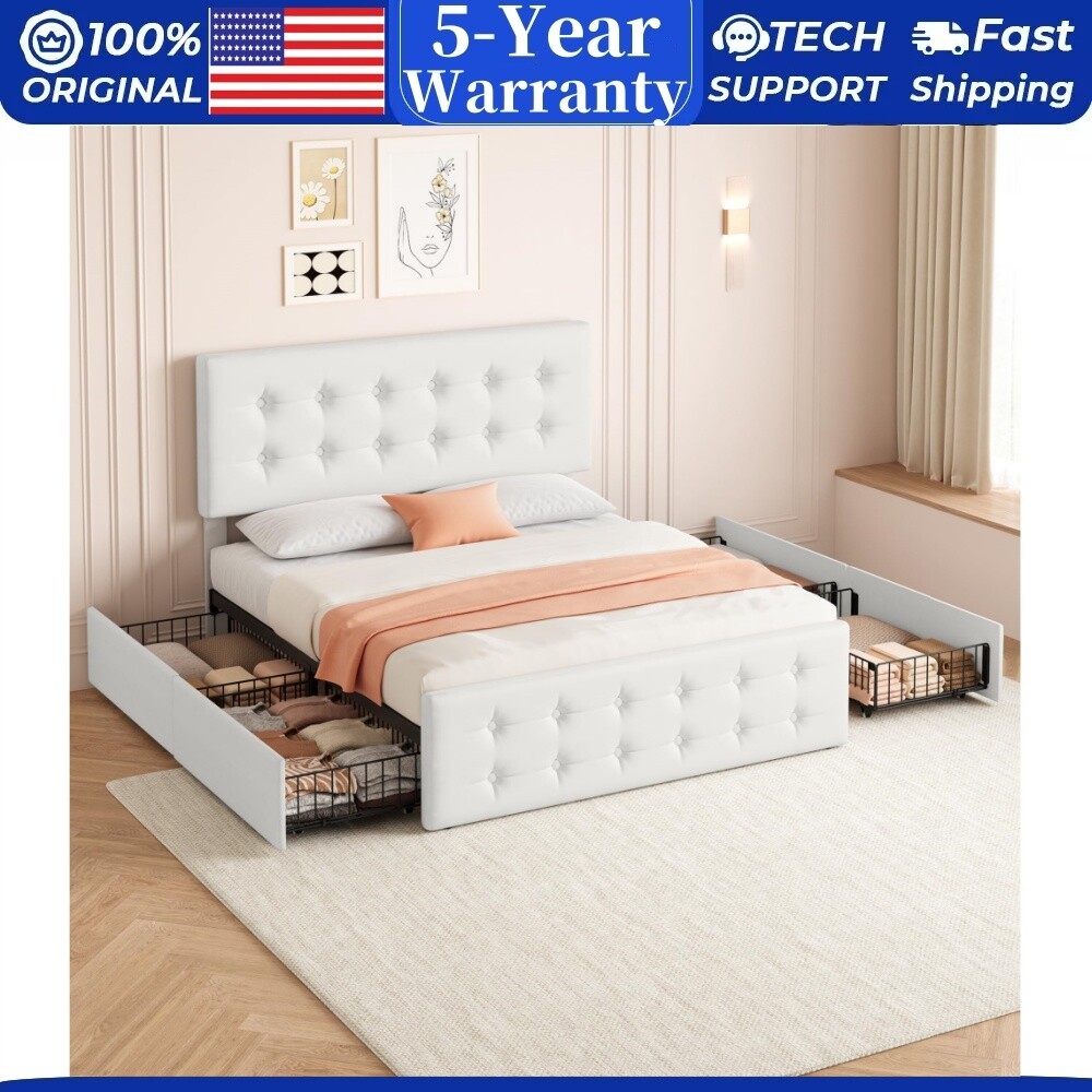 🔥Full Bed Frame W/4 Storage Drawers Headboard Upholstered Platform Faux Leather
