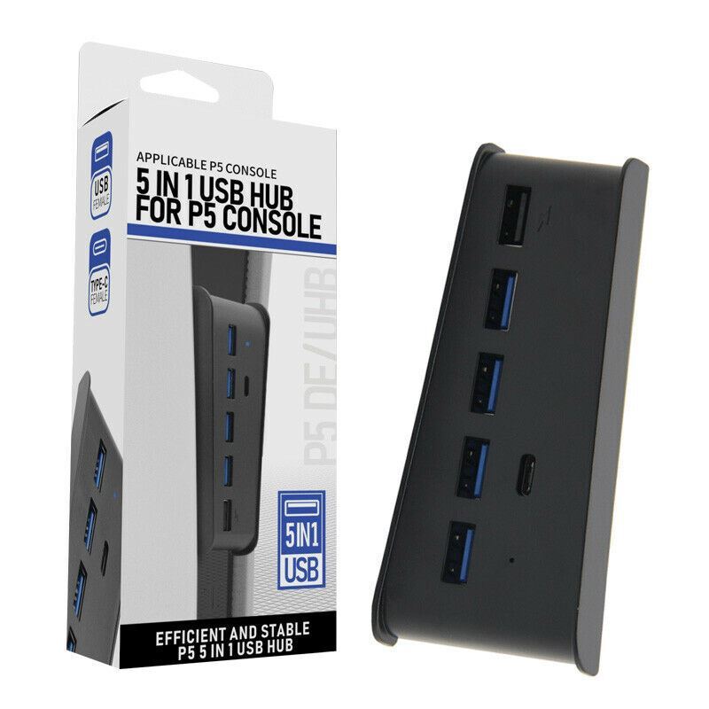 For PS5 USB Hub 6 in 1 USB Splitter Expander Hub Adapter 5 USB + 1 USB C Console